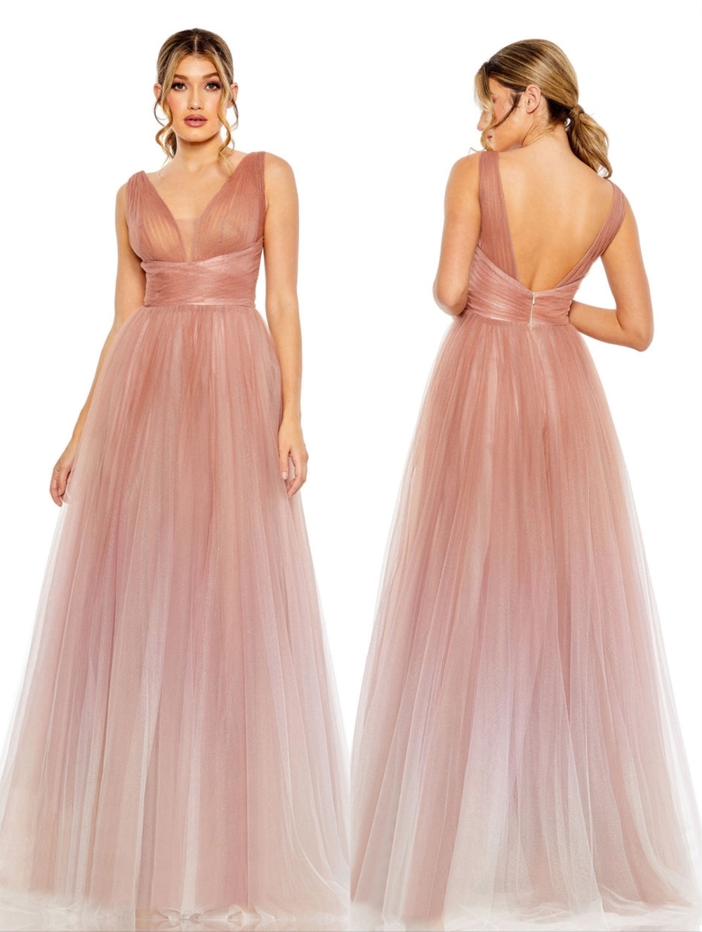 Mac Duggal 20601 Pink Vintage Rose Nude Ombre V-Neck Sleeveless Ball Gown 6 NWT
